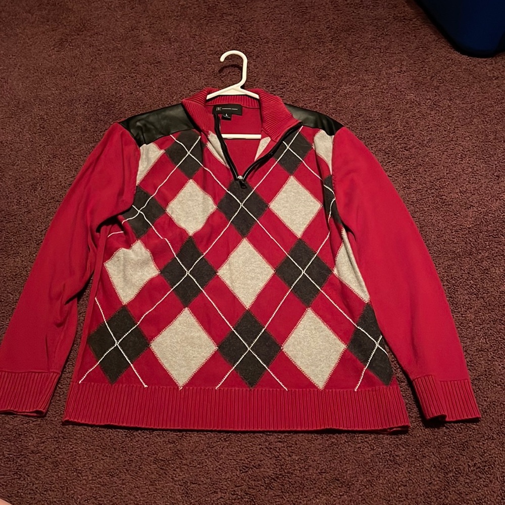Mens INC Argyle 1/4 Zip Sweater Red Large